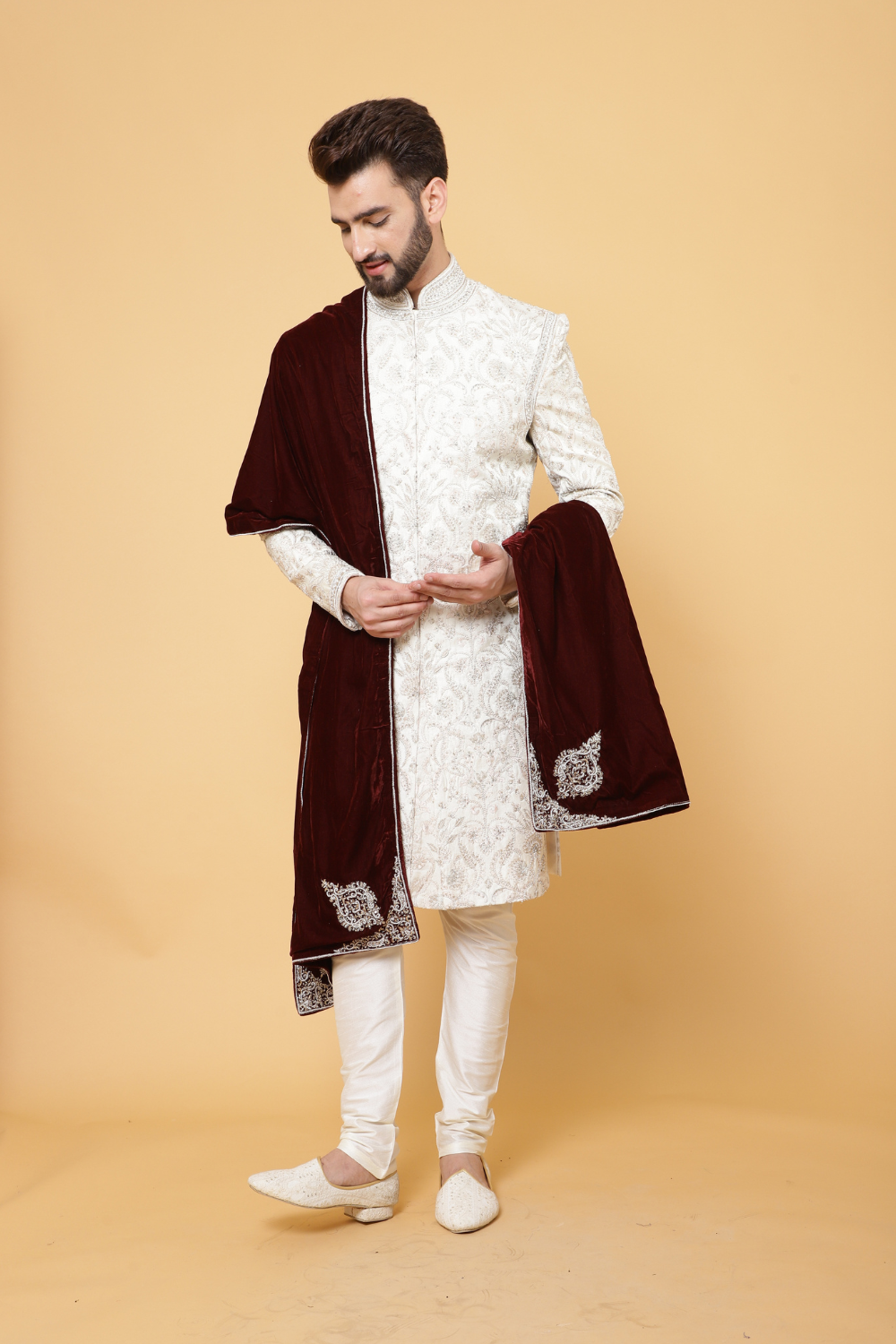 Cream Textured Sherwani with Churidar