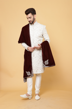 Cream Textured Sherwani with Churidar
