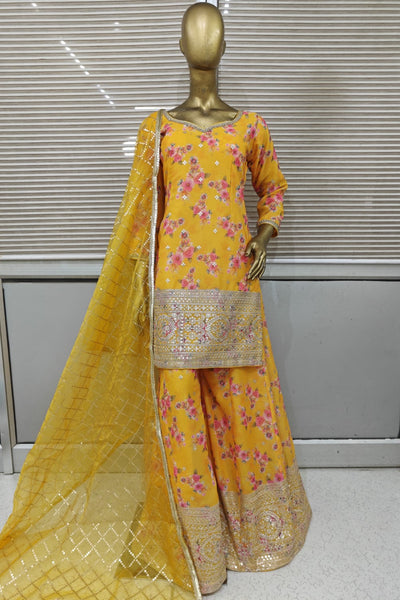 Floral printed sharara made in pure silk