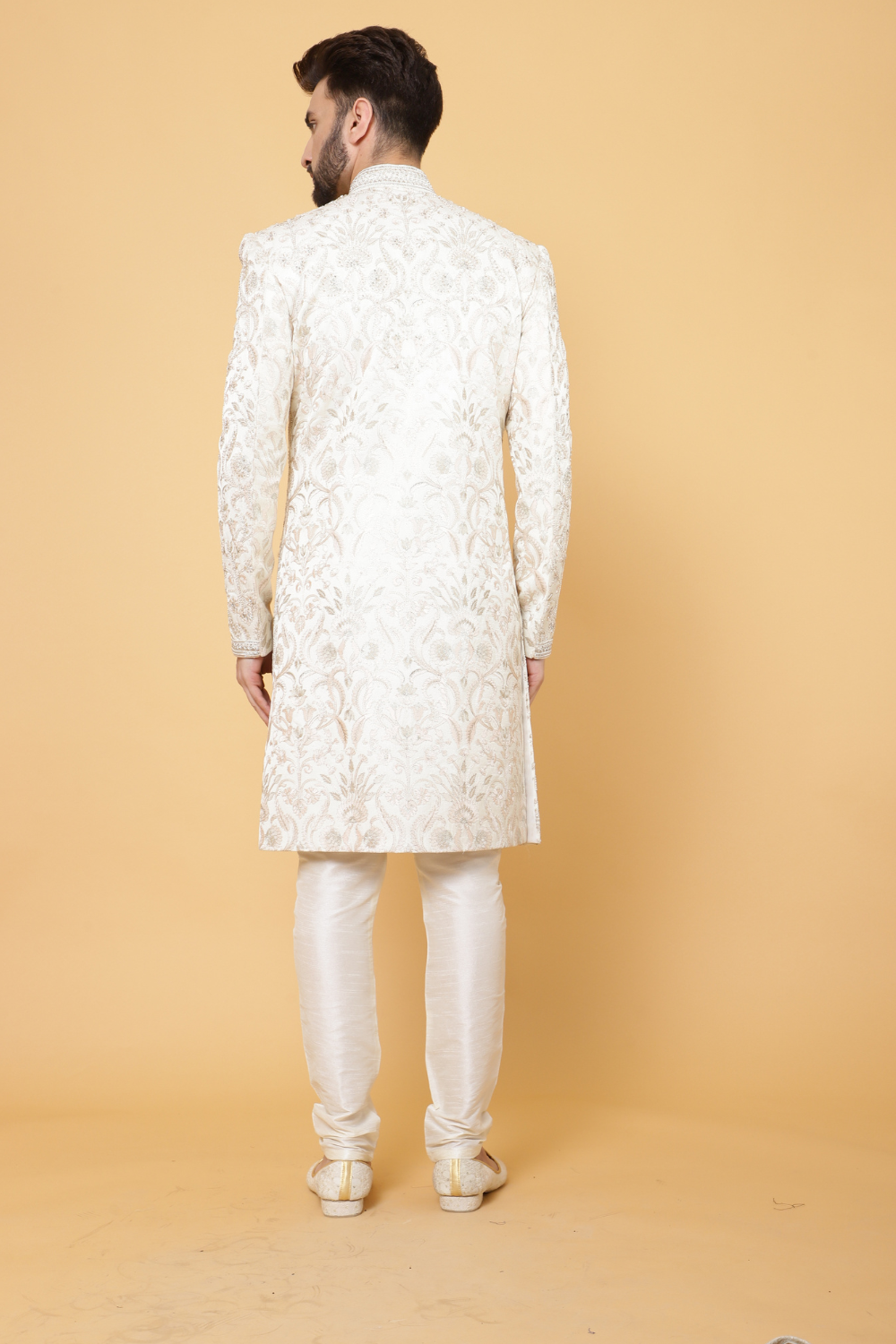 Cream Textured Sherwani with Churidar