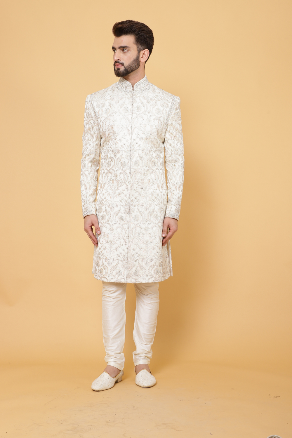 Cream Textured Sherwani with Churidar
