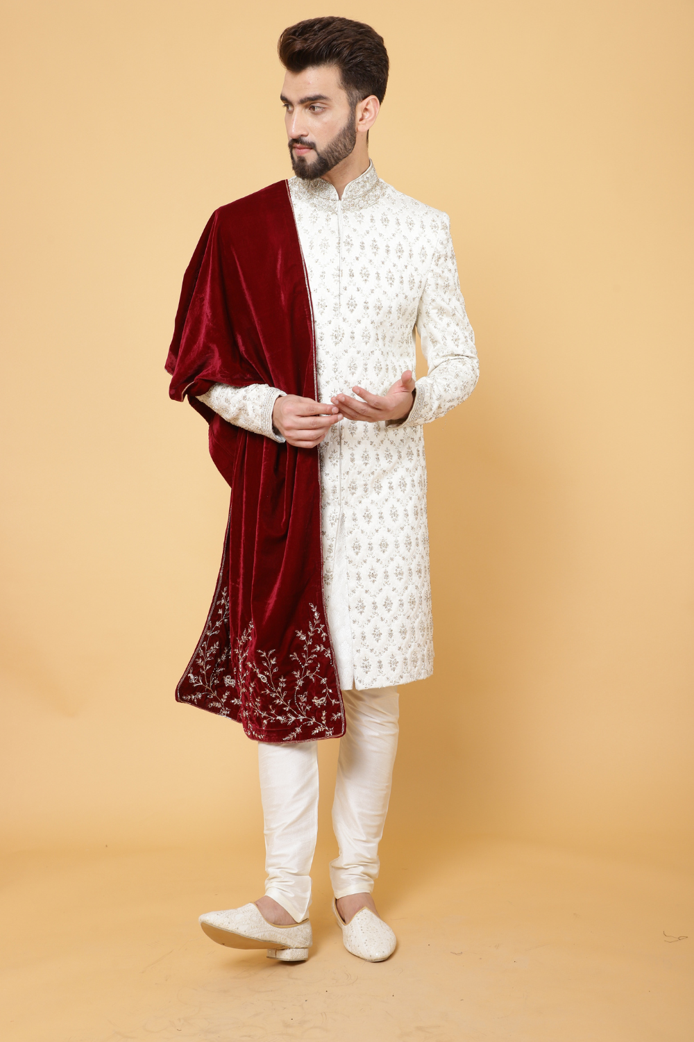 Ivory Textured Sherwani with Churidar