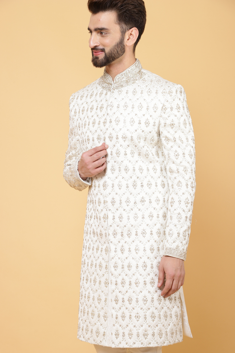 Ivory Textured Sherwani with Churidar Secondary image