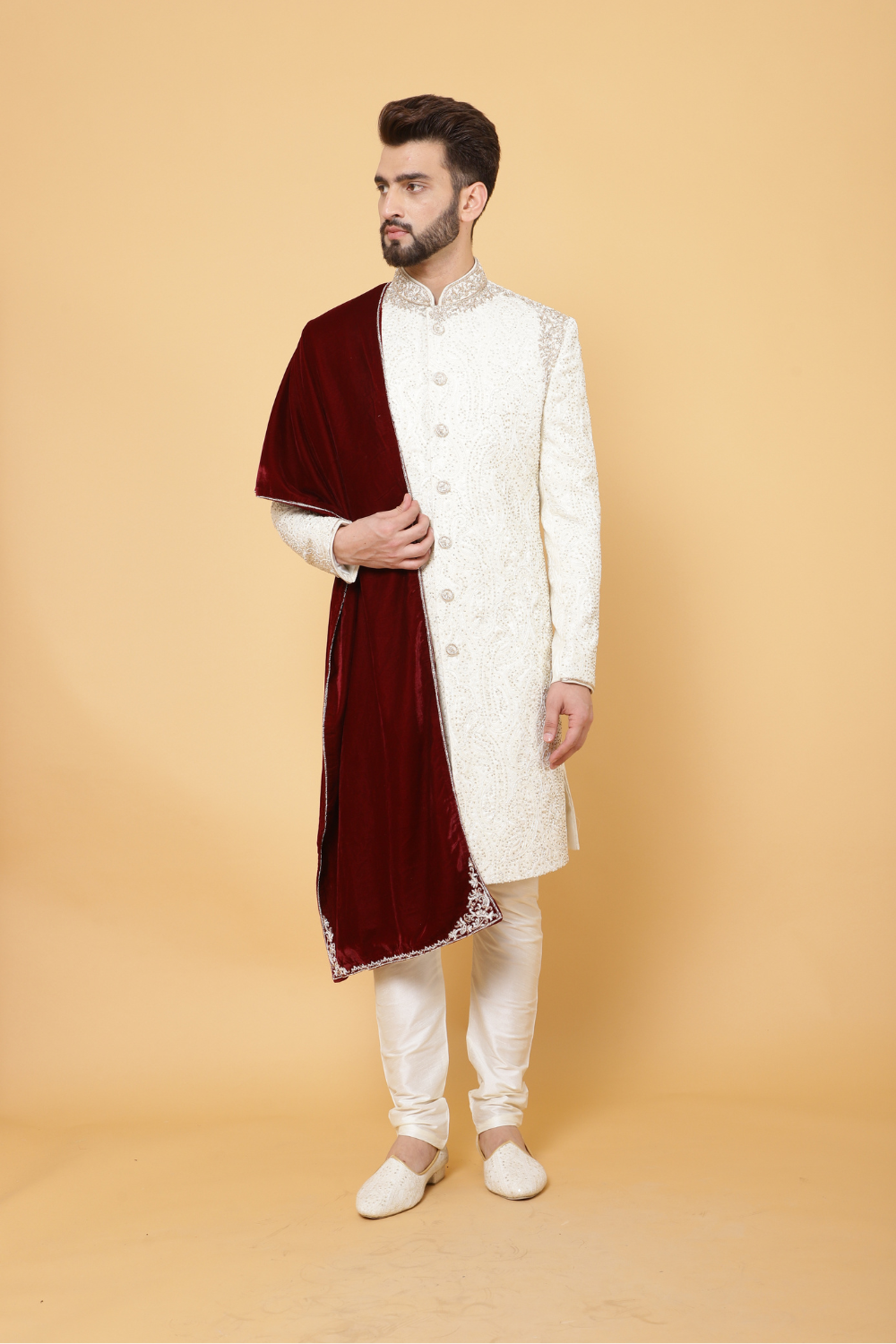 Off White Textured Sherwani with Churidar Main image