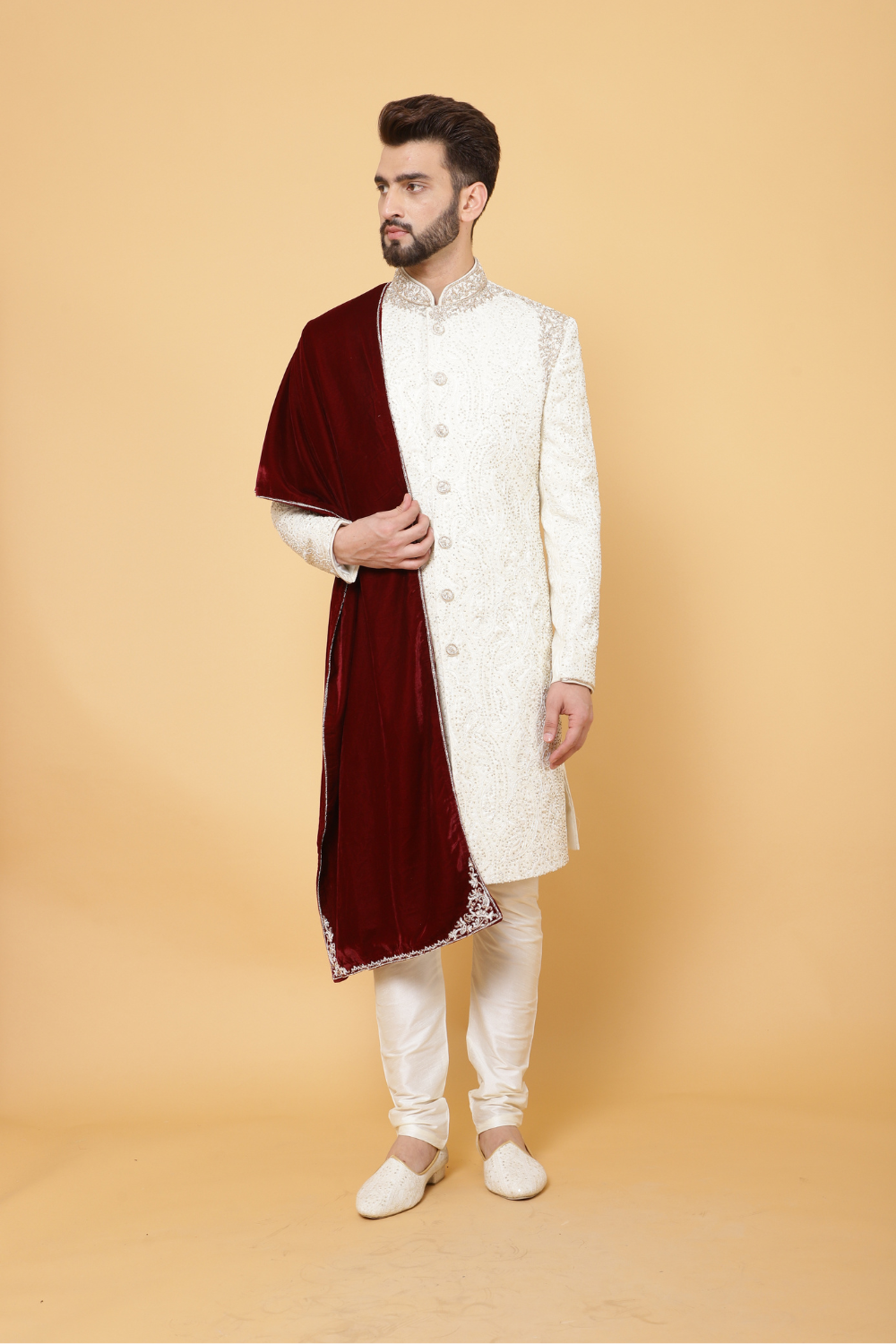 Off White Textured Sherwani with Churidar