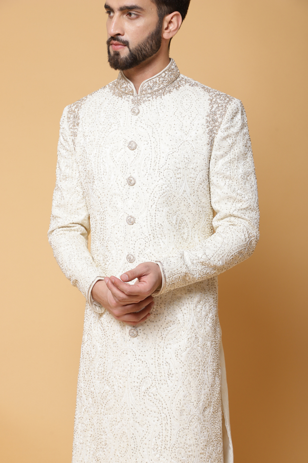 Off White Textured Sherwani with Churidar