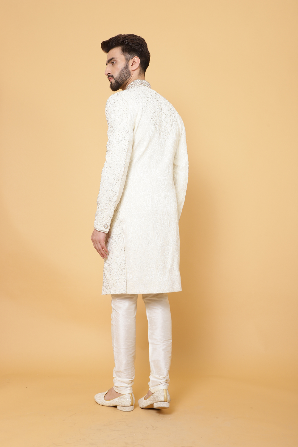 Off White Textured Sherwani with Churidar