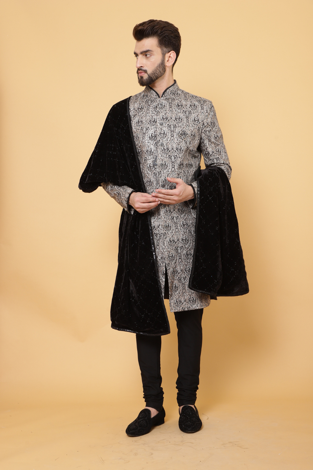 Black Embroidered Sherwani with Churidar