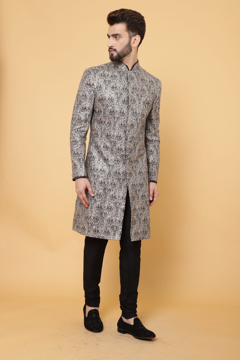 Black Embroidered Sherwani with Churidar