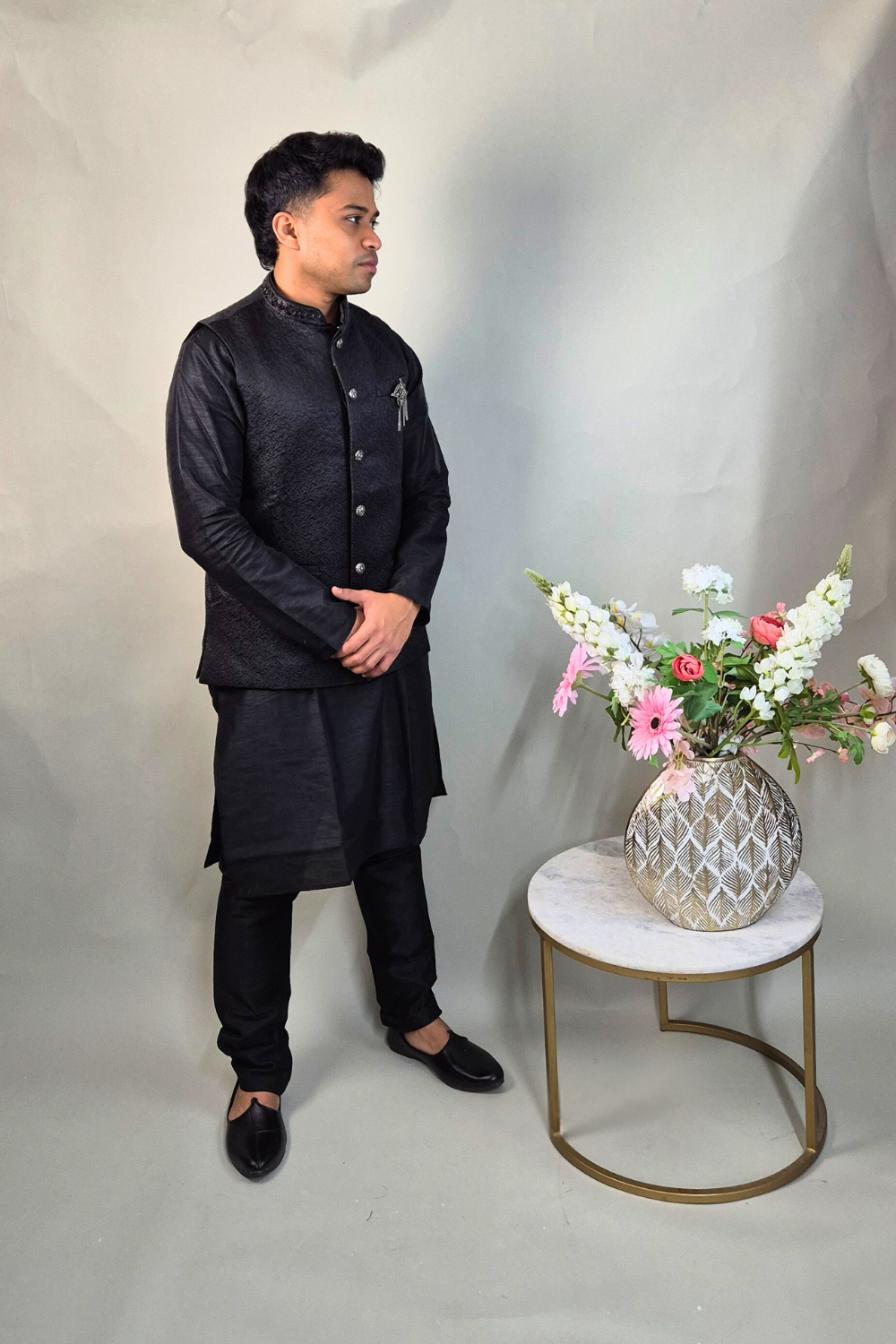 Black Floral Textured Waist Coat With Silver Brooch