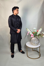 Black Floral Textured Waist Coat With Silver Brooch