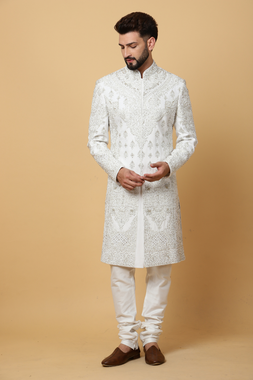 Heavy Embroidered Sherwani in White