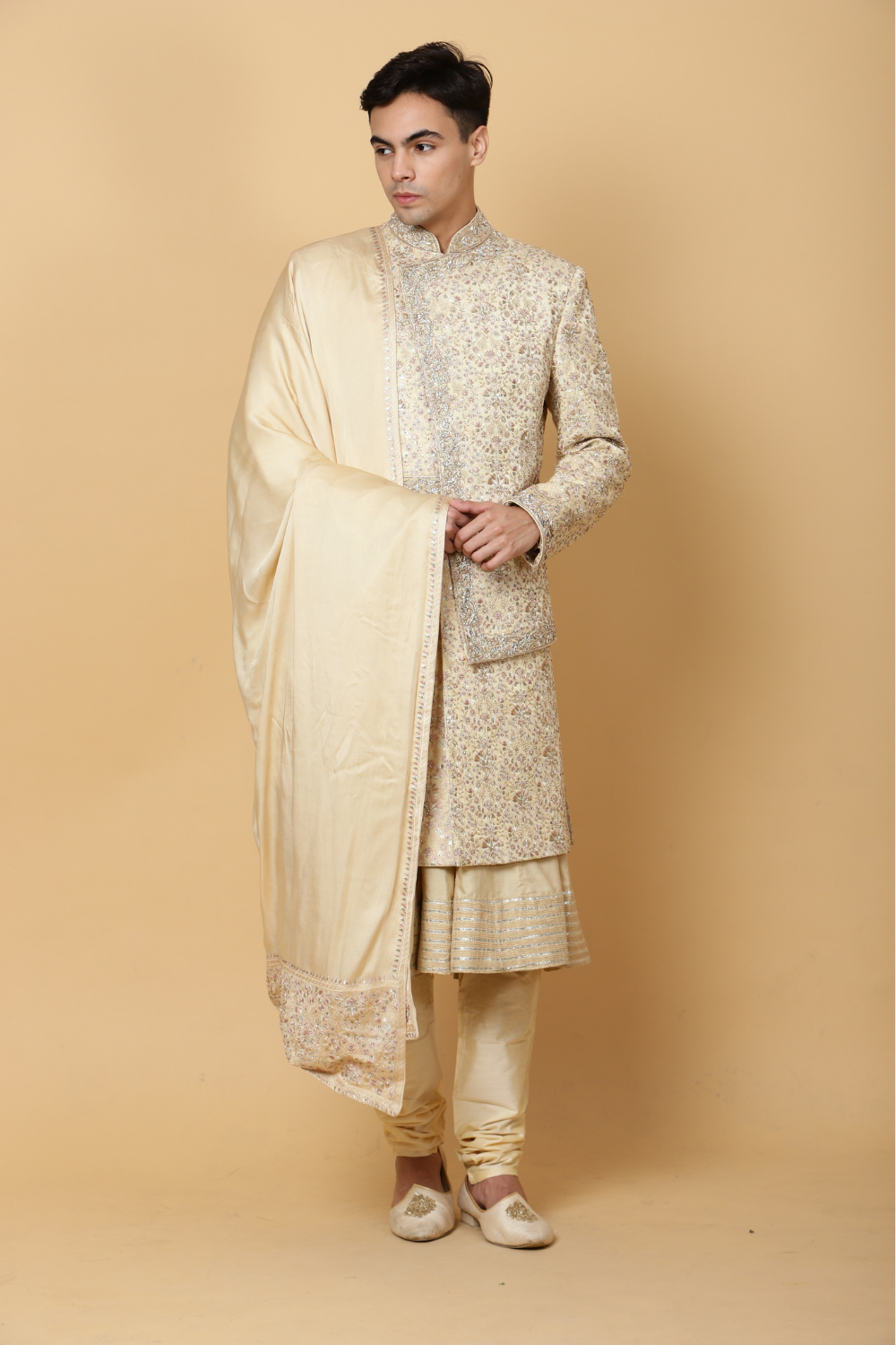 Contemporary Layered Sherwani in Gold Main image