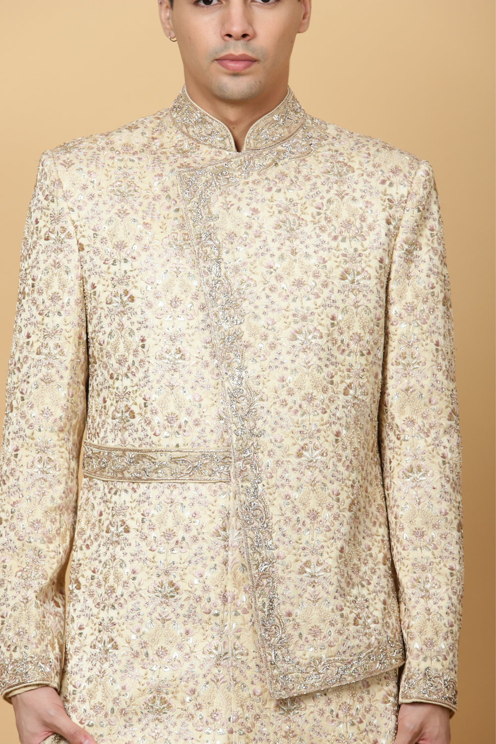 Contemporary Layered Sherwani in Gold Secondary image