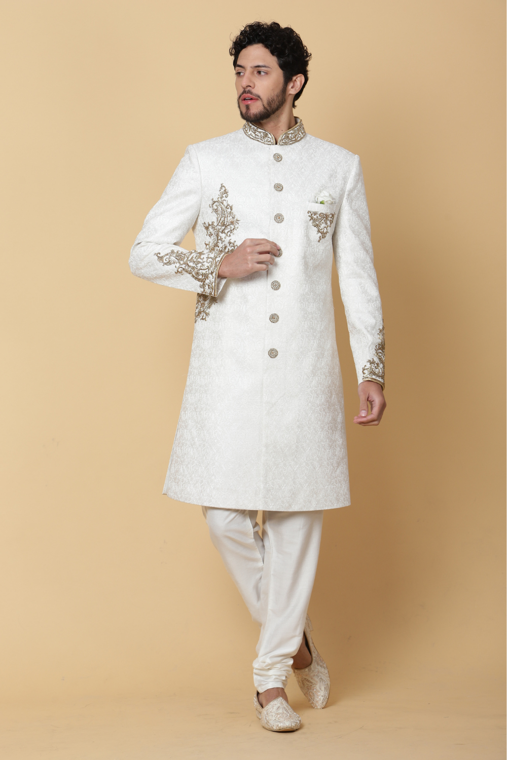 White Textured Sherwani with Brooch Main image