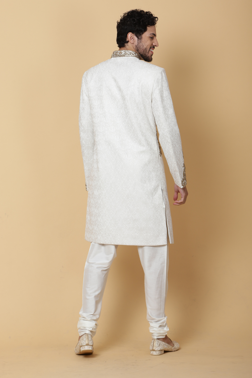 White Textured Sherwani with Brooch Secondary image