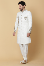 White Textured Sherwani with Brooch