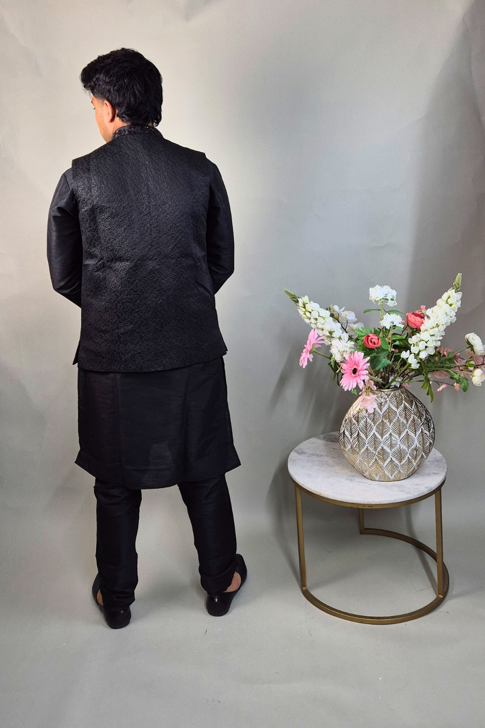 Black Floral Textured Waist Coat With Silver Brooch