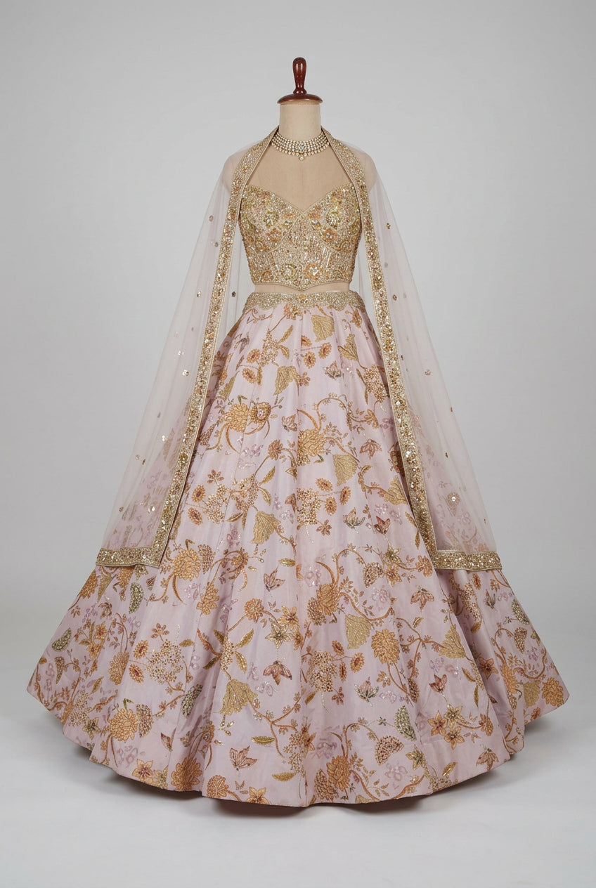 Elegant blush pink lehenga featuring exquisite gold floral embroidery