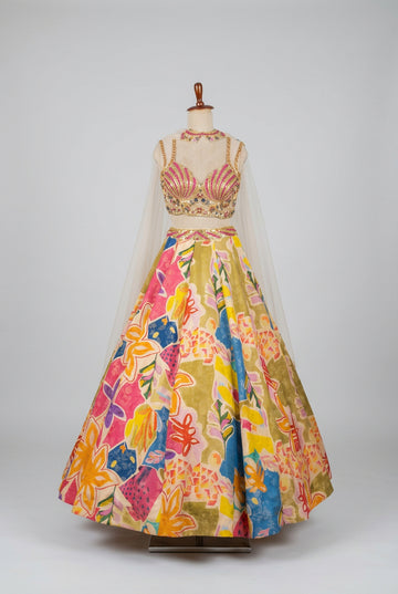 Vibrant multicolour lehenga featuring bold abstract prints
