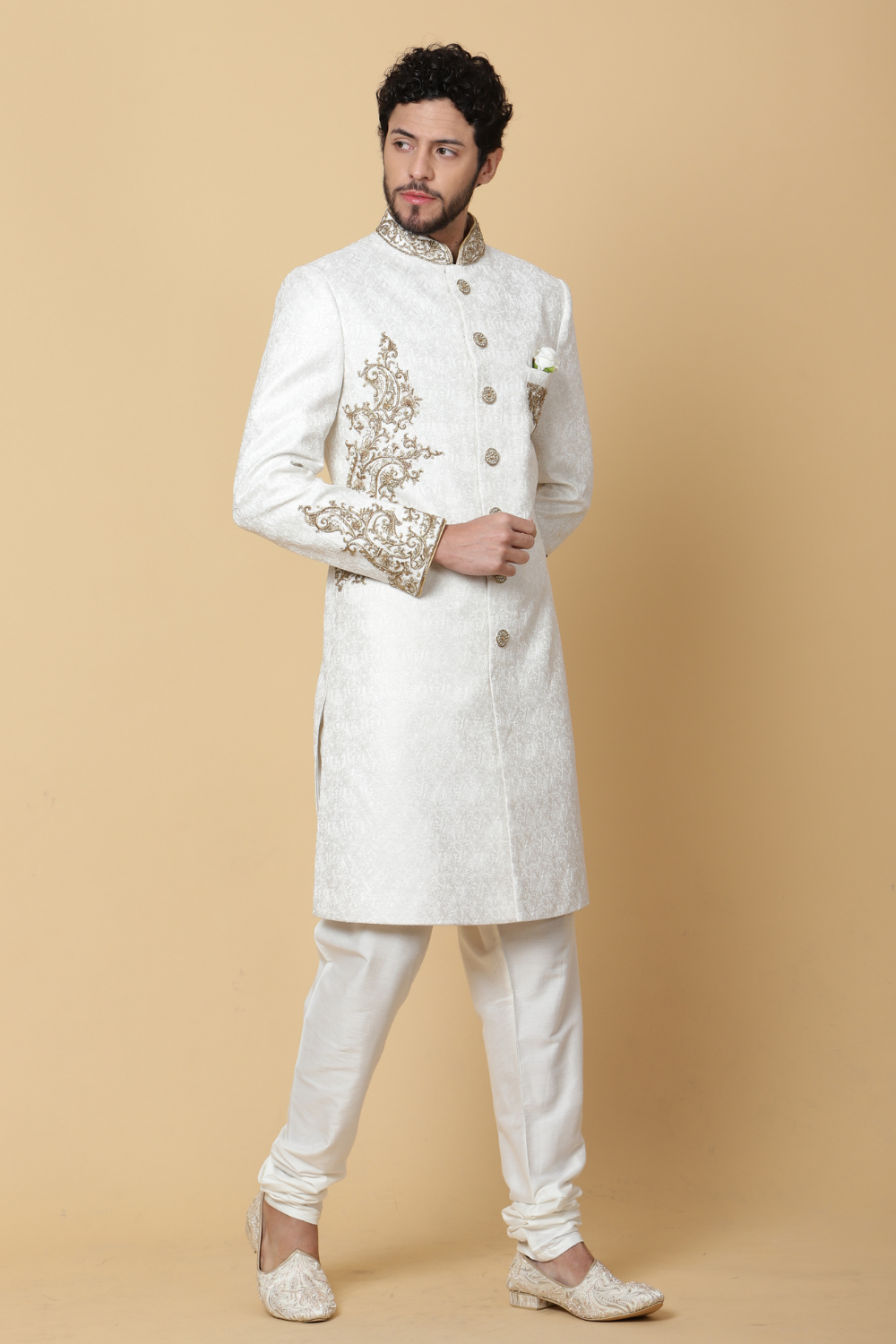 White Textured Sherwani with Brooch