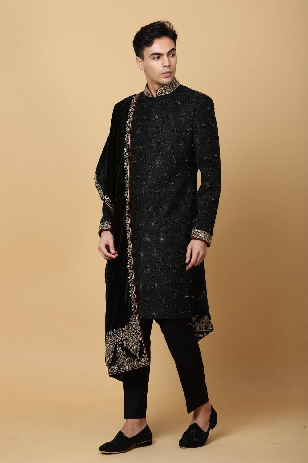 Black Sherwani with Golden Embroidery