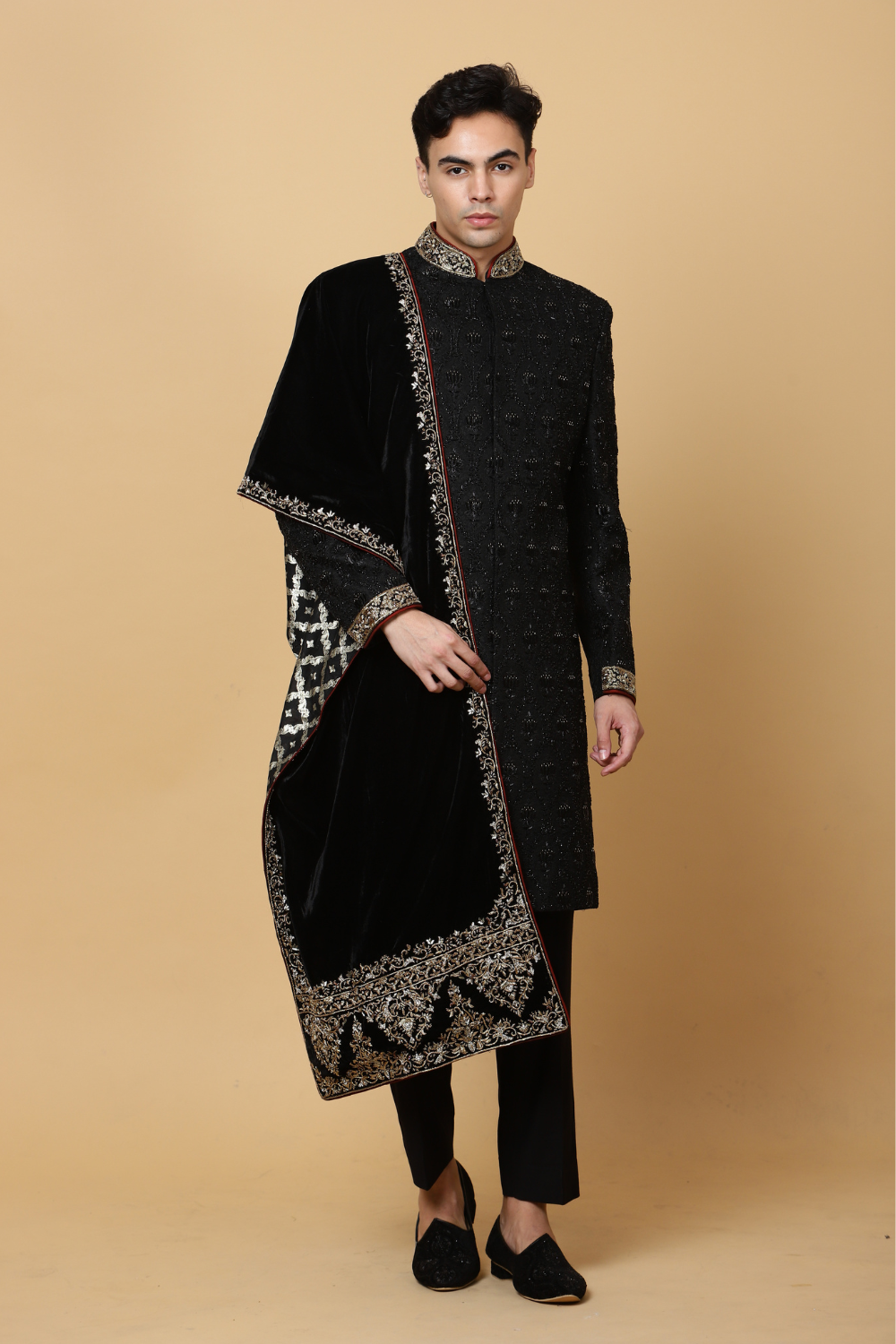 Black Sherwani with Golden Embroidery