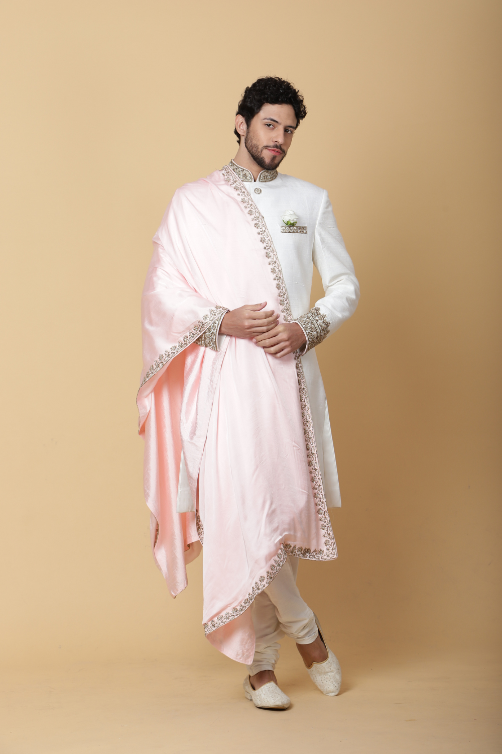 White Modern Sherwani with Golden Embroidery