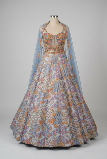 Elegant powder blue lehenga featuring intricate multicolour embroidery