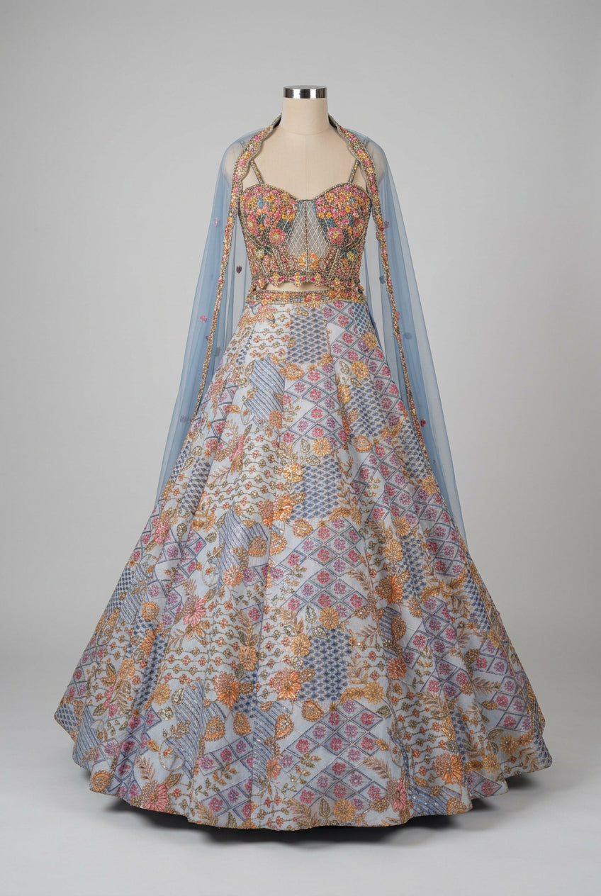 Elegant powder blue lehenga featuring intricate multicolour embroidery
