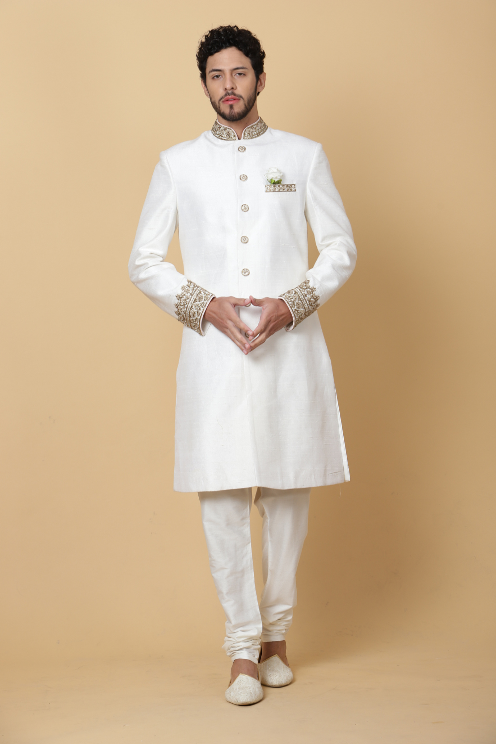 White Modern Sherwani with Golden Embroidery