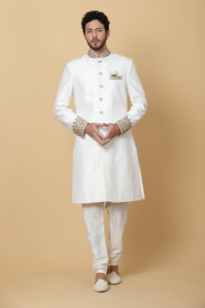 White Modern Sherwani with Golden Embroidery