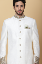 White Modern Sherwani with Golden Embroidery