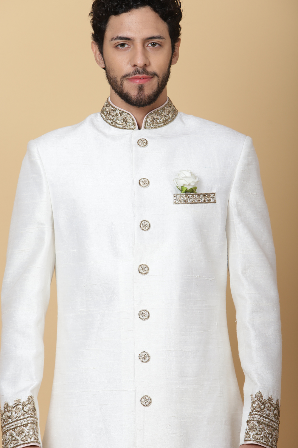 White Modern Sherwani with Golden Embroidery