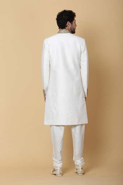White Modern Sherwani with Golden Embroidery