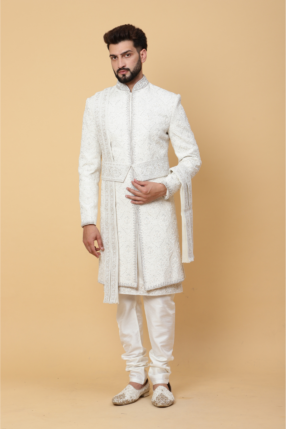 Layered Sherwani with Ivory Embroidery