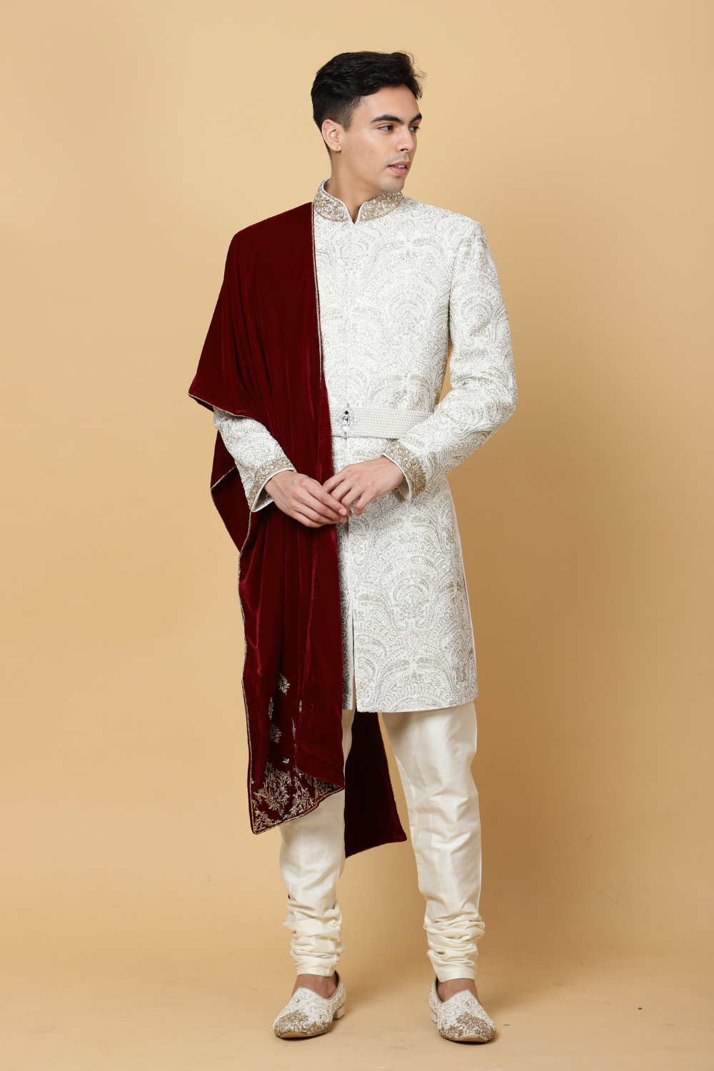 Ivory Textured Sherwani with Embroidery Main image