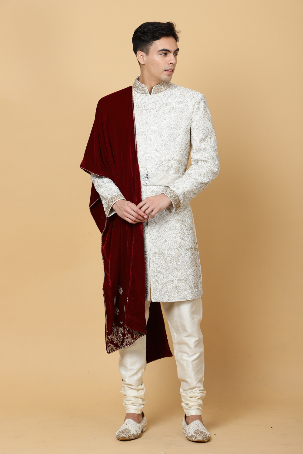 Ivory Textured Sherwani with Embroidery