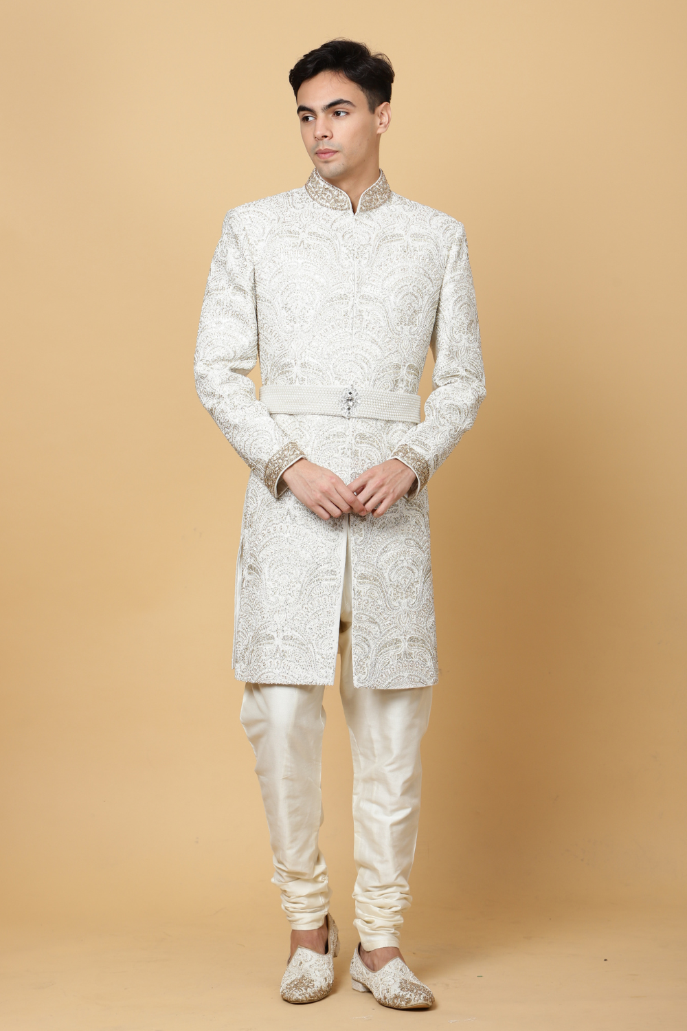 Ivory Textured Sherwani with Embroidery