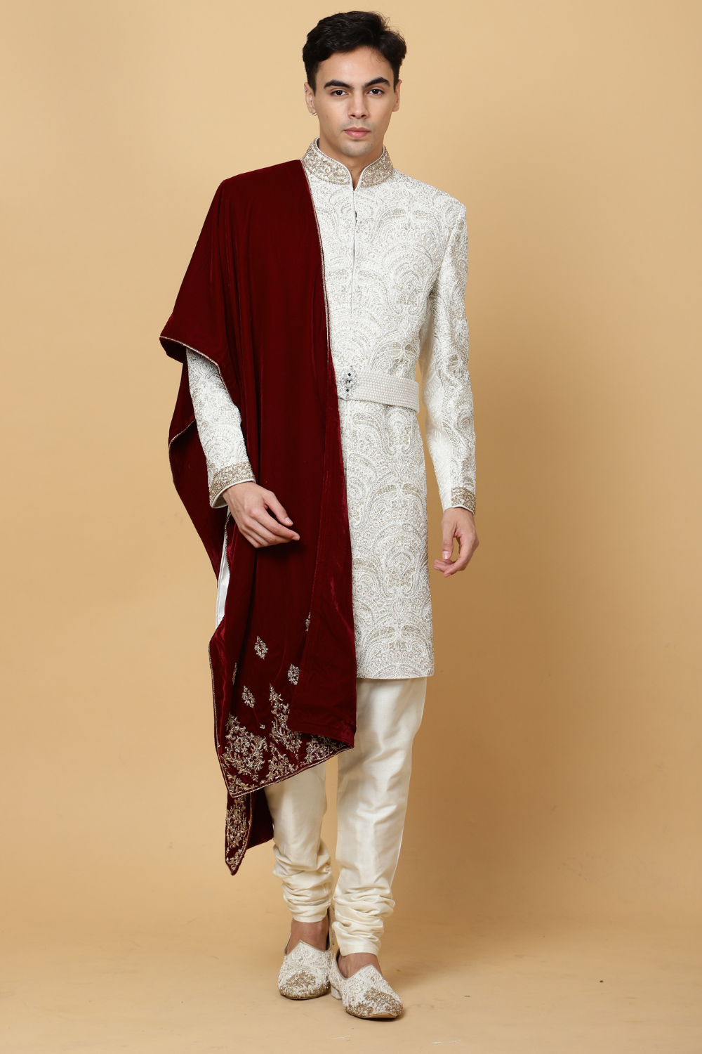 Ivory Textured Sherwani with Embroidery
