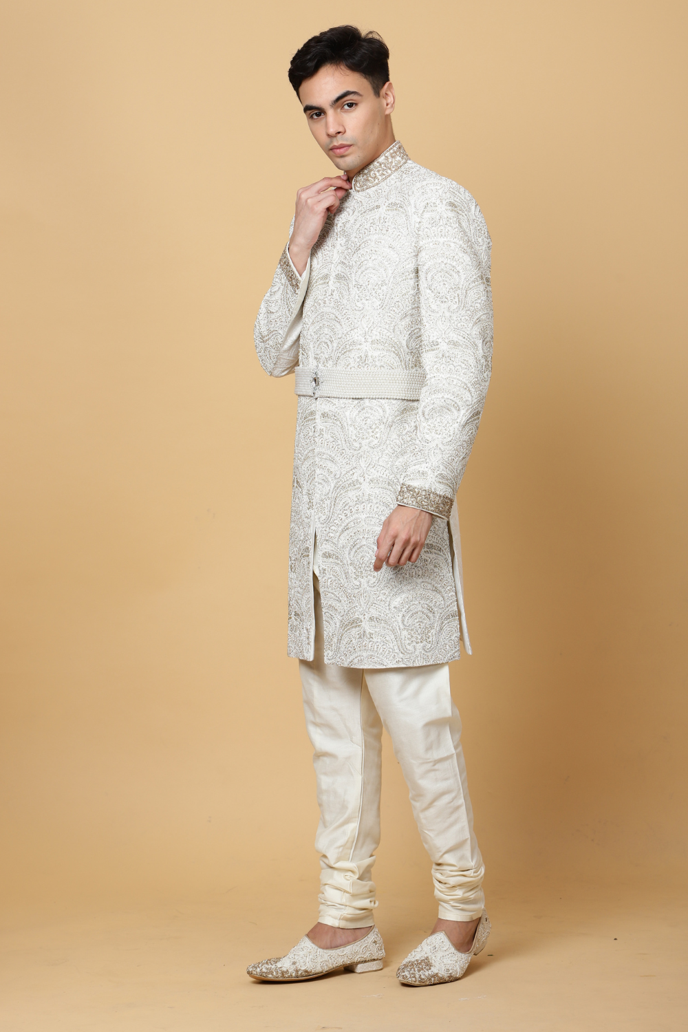 Ivory Textured Sherwani with Embroidery