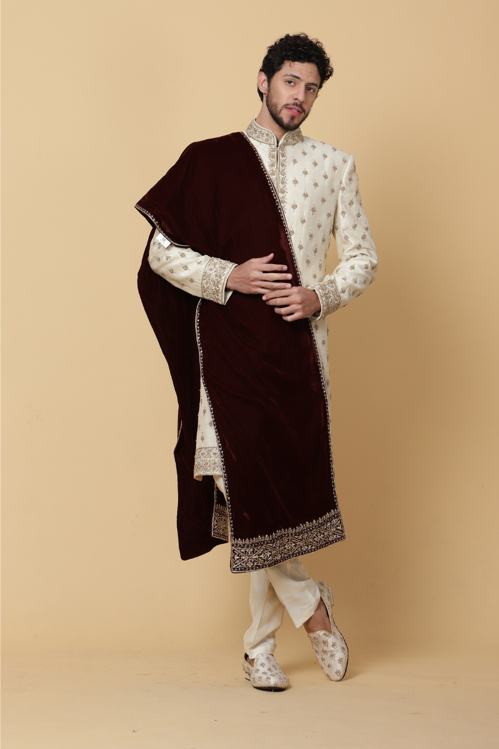 Textured Cream Sherwani Main image