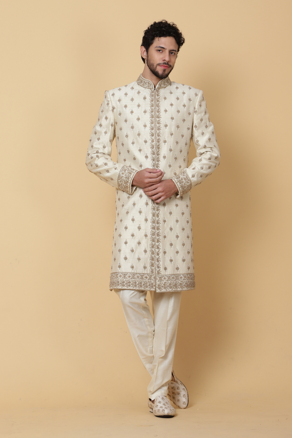 Textured Cream Sherwani