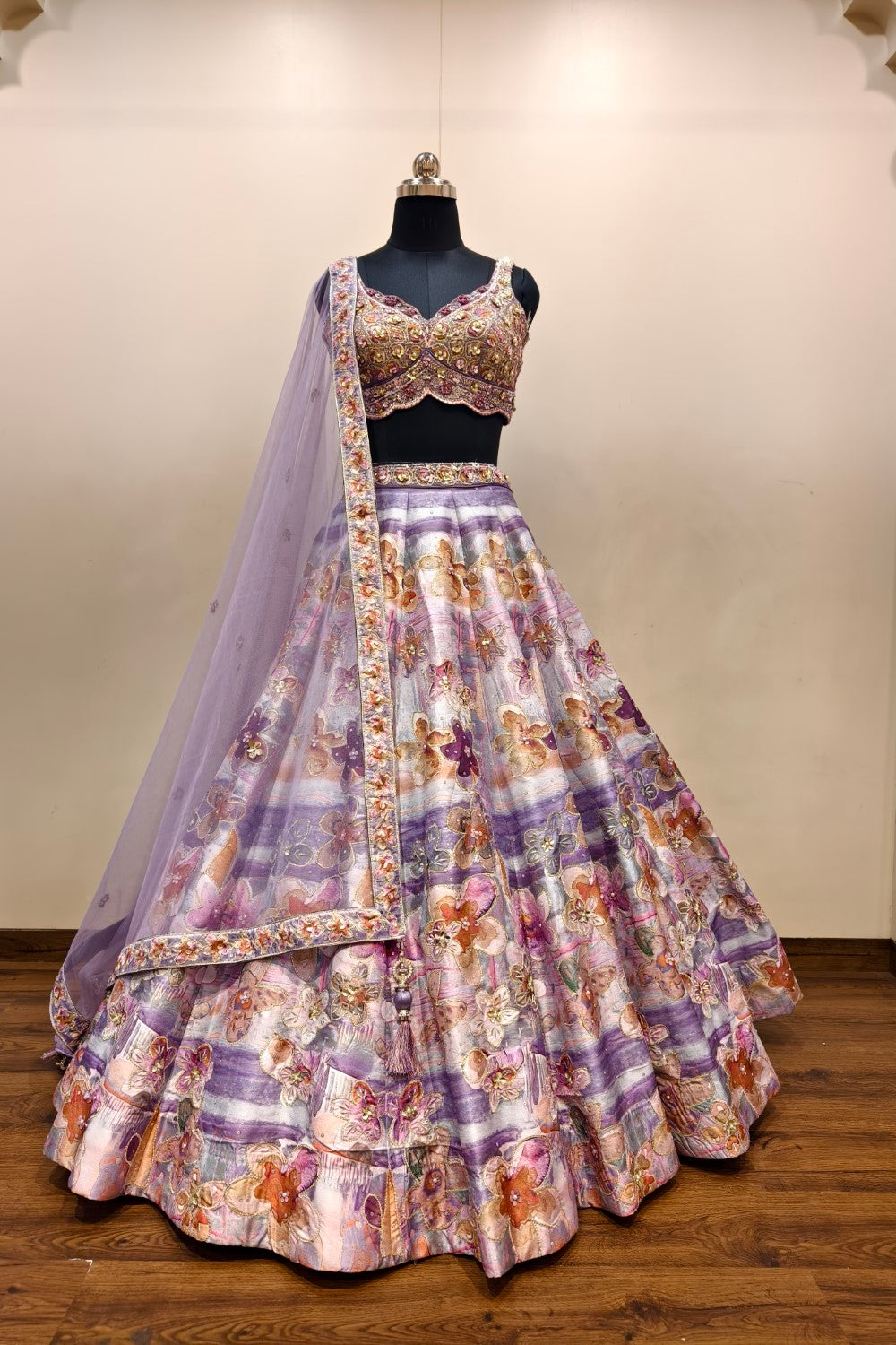 Net Lehenga with Delicate Floral Embroidery in Powder Blue | Light Purple Main image