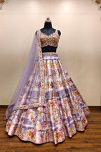 Net Lehenga with Delicate Floral Embroidery in Powder Blue | Light Purple