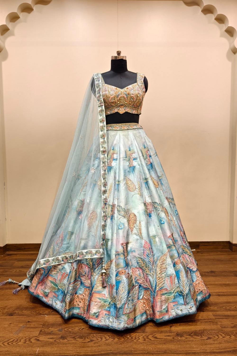 Net Lehenga with Delicate Floral Embroidery in Powder Blue | Light Purple