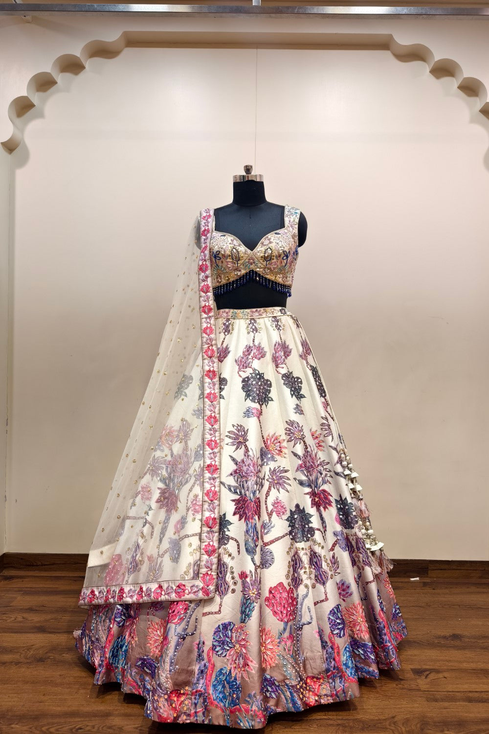 Elegant Cream Lehenga with Delicate Floral Print - Designer Ethnic Wear