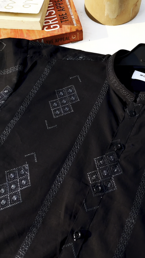 Muraqsh Black Motif Embroidered Cotton Kurta Trouser - Men