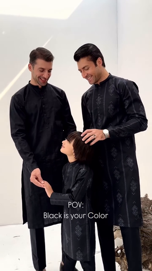 Muraqsh Black Motif Embroidered Cotton Kurta Trouser - Men