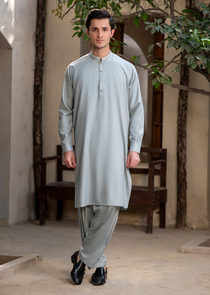 Buraq Men's Premium Ban-Embroidered Kameez Shalwar - Pale Dusty Green / Classic Fit.